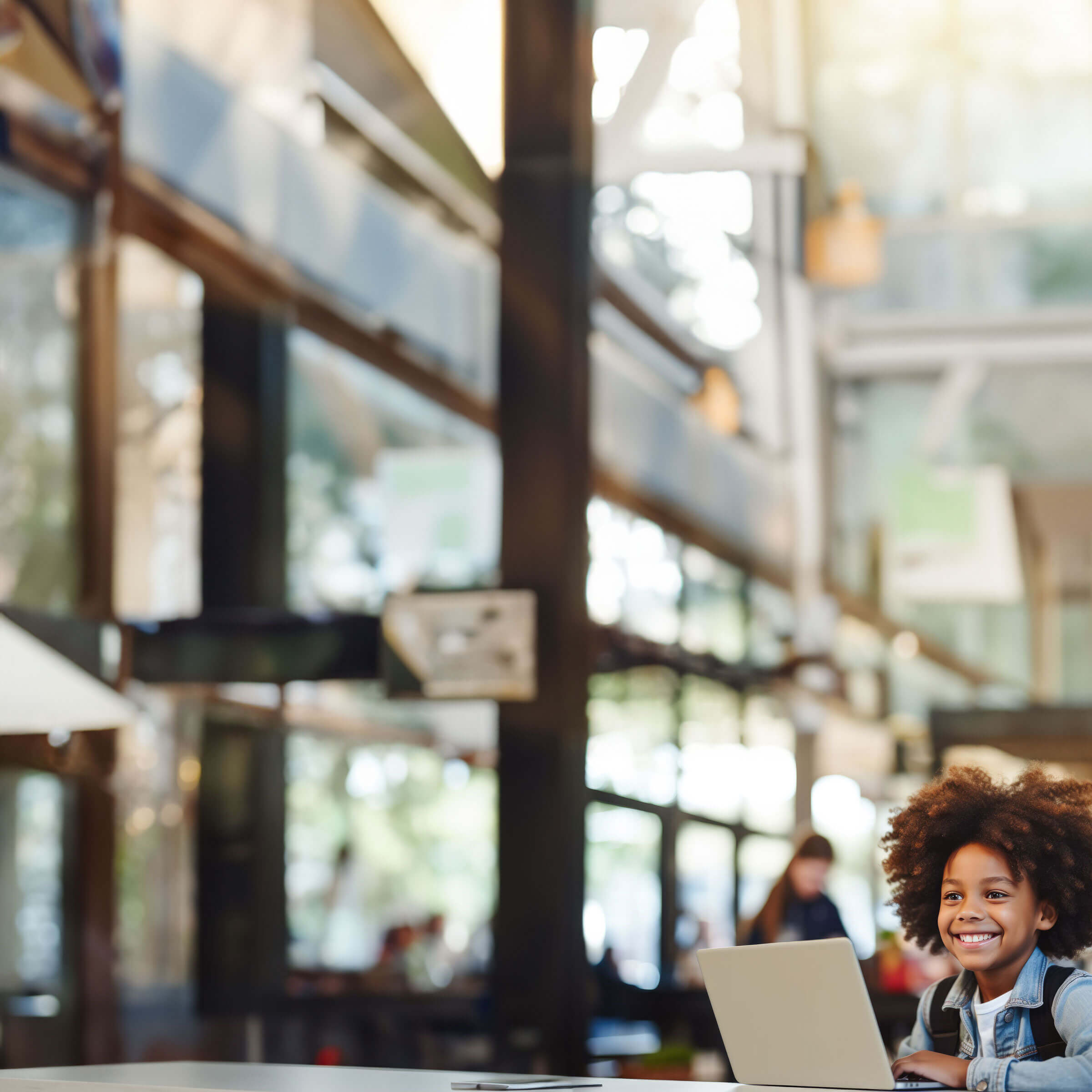 Student sitting in mall on laptop