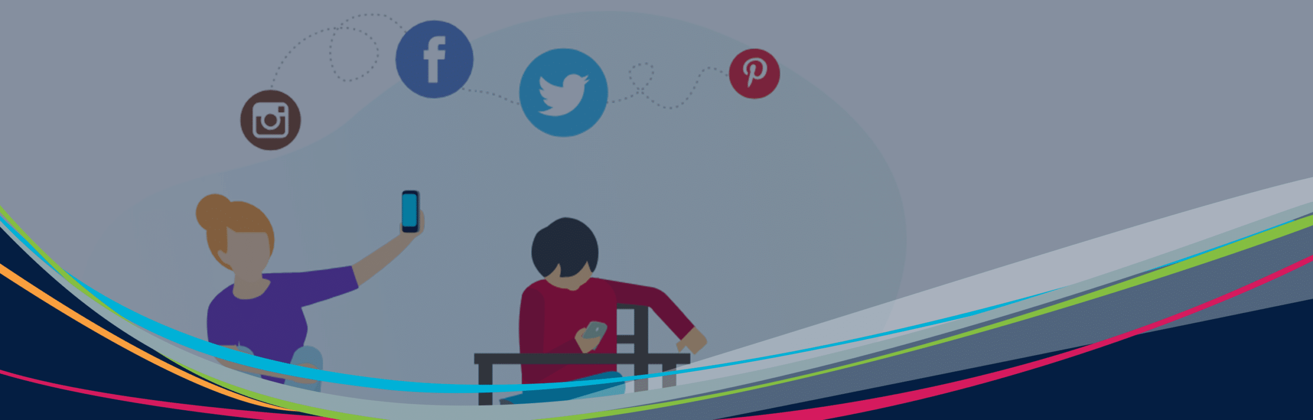 Hero illustrierte Grafik von Schülern mit schwebenden Geräten und Social-Media-Symbolen im Hintergrund
