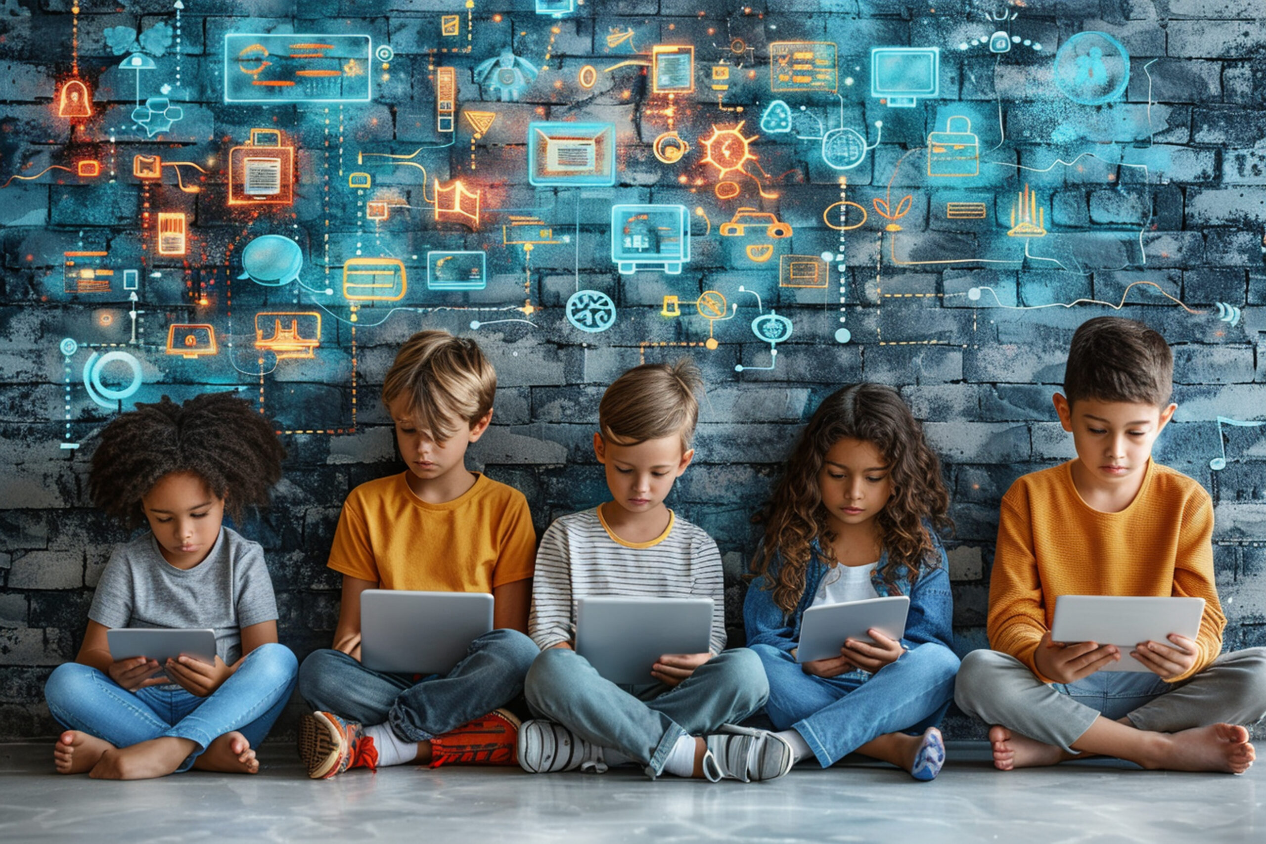 kids using tech surrounded by technological symbols