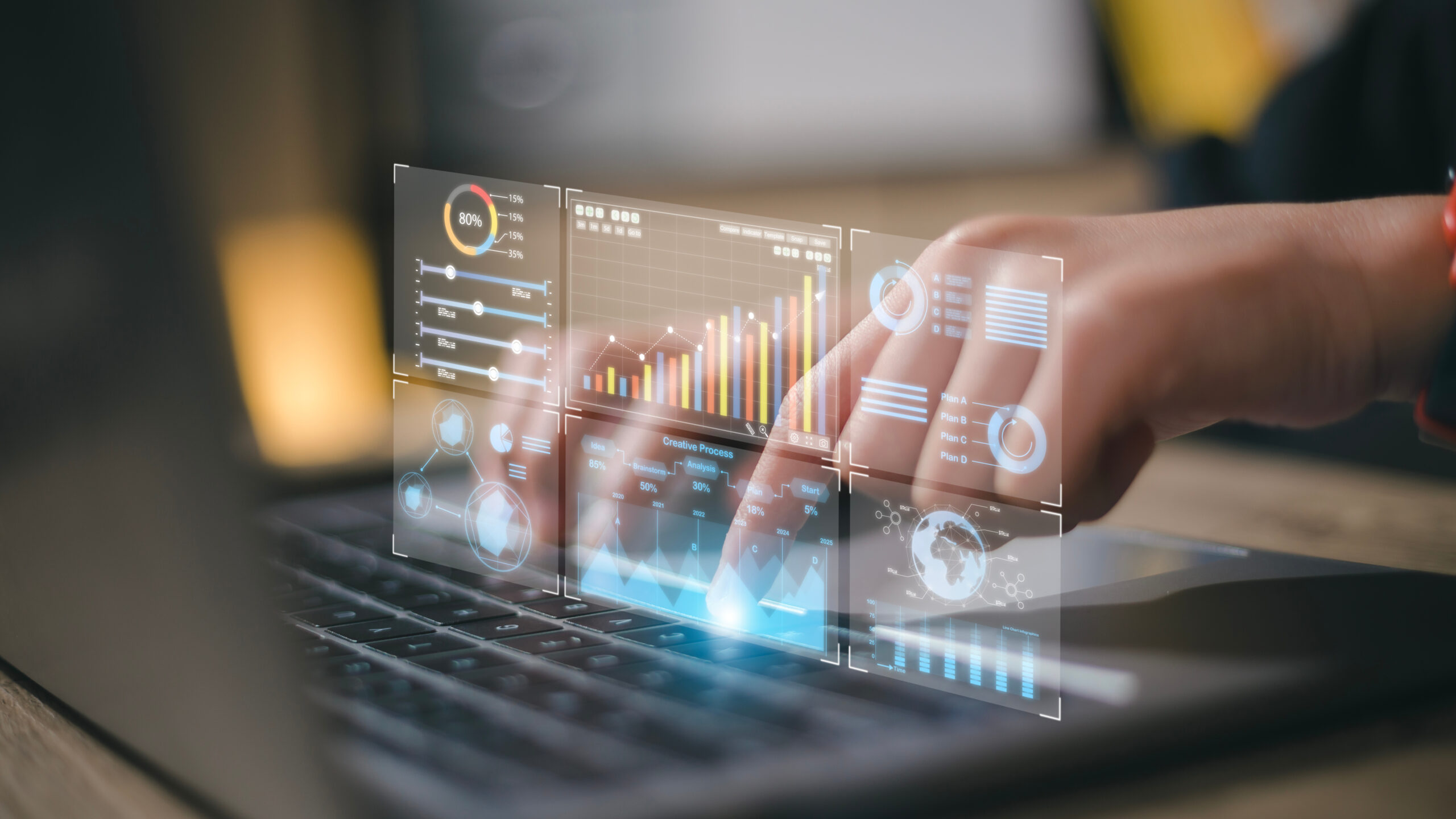 Data analyst working on business analytics dashboard with charts, metrics and KPI to analyze performance and create insight reports for operations management.