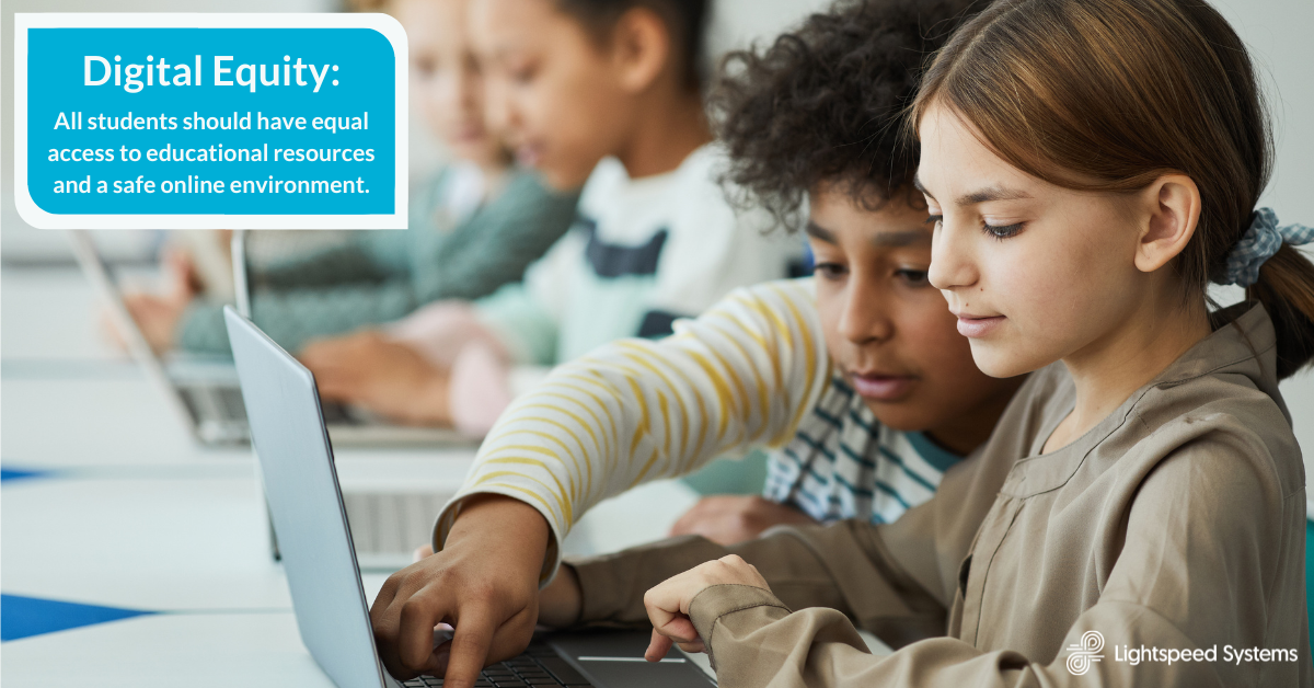 children at a computer with the definition of digital equity superimposed over the top left of the image