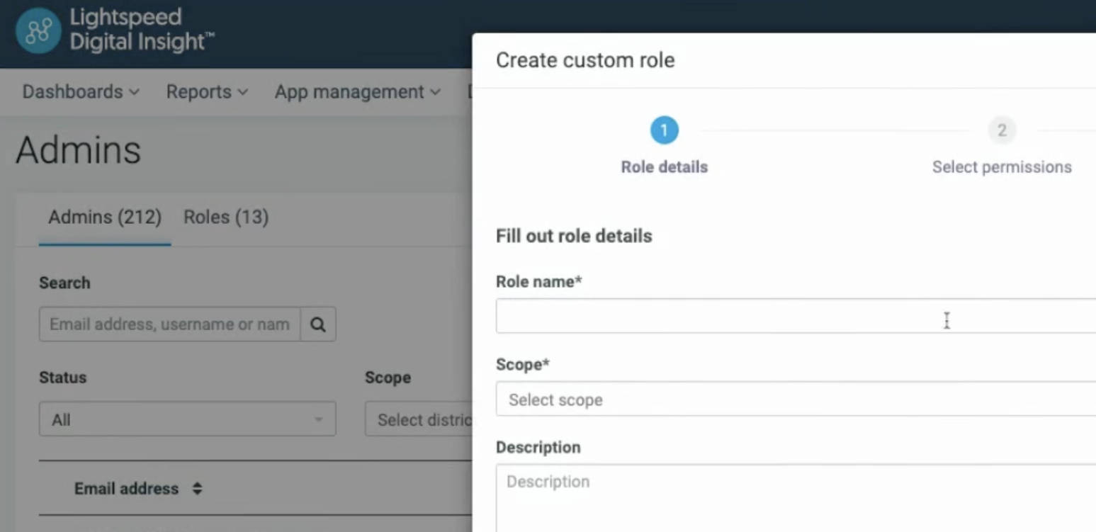 A cropped screenshot from digital insight showing the role-based access screen and how to create roles