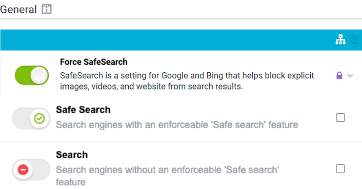 A screenshot from the SafeSearch settings, showing the Force SafeSearch toggle toggled on as well as showing the toggle switches for regular searches (toggled off) and SafeSearch (toggled on.)