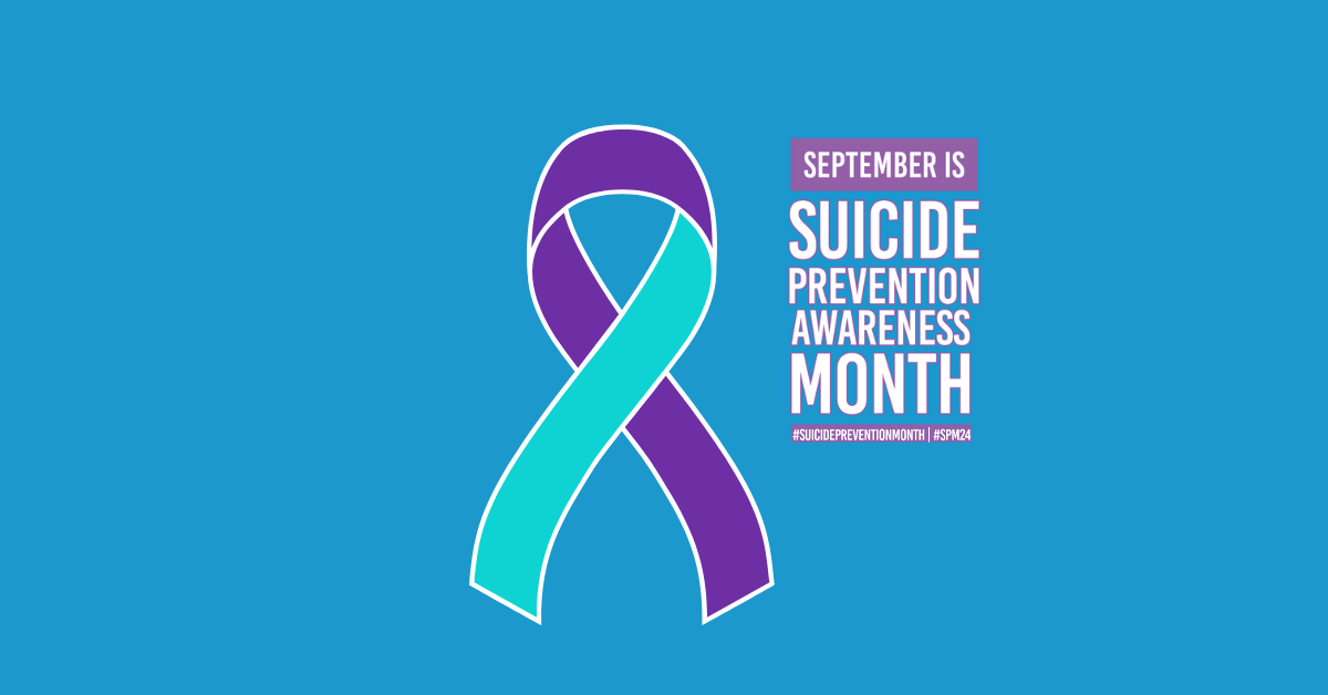 Ein Banner mit dem blaugrünen und violetten Suicide Prevention Awareness Ribbon und der Erklärung, dass der September SPAM ist