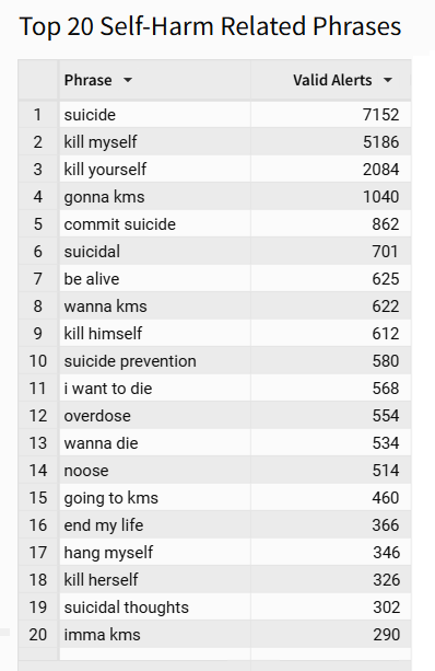 A numbered list of terms (including slang) youth are using in regards to suicide