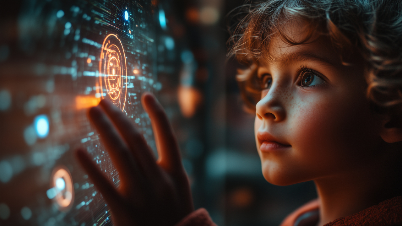 An image of a young boy interacting with holographic tech, a metaphor for the beginnings of digital citizenship