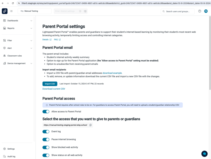 a screenshot of the parent portal settings