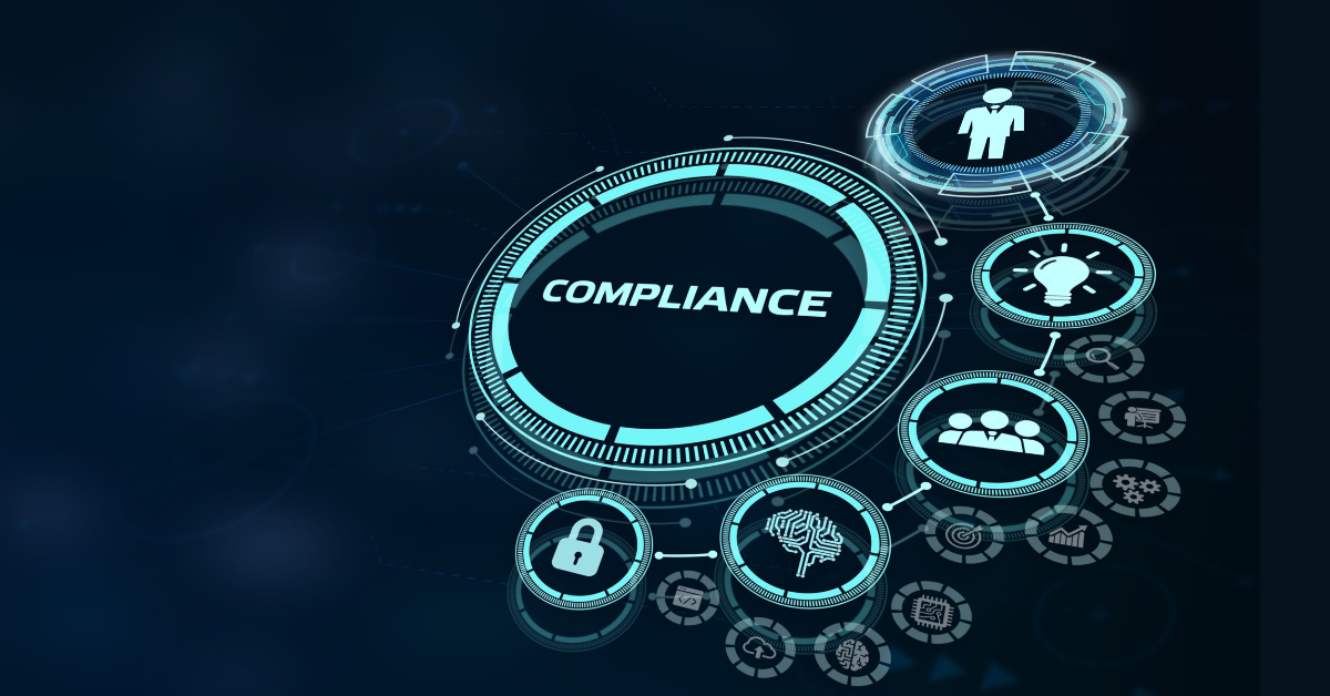 abstract depiction of tech centered around the word 'Compliance'